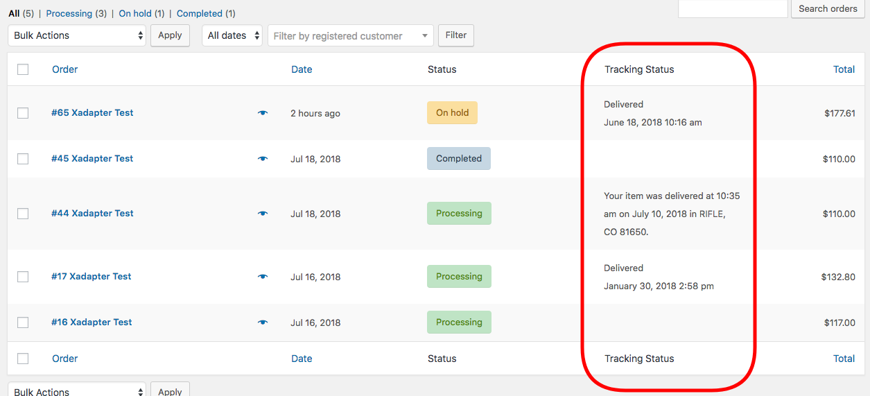 Live tracking status updates on the WooCommerce Orders page