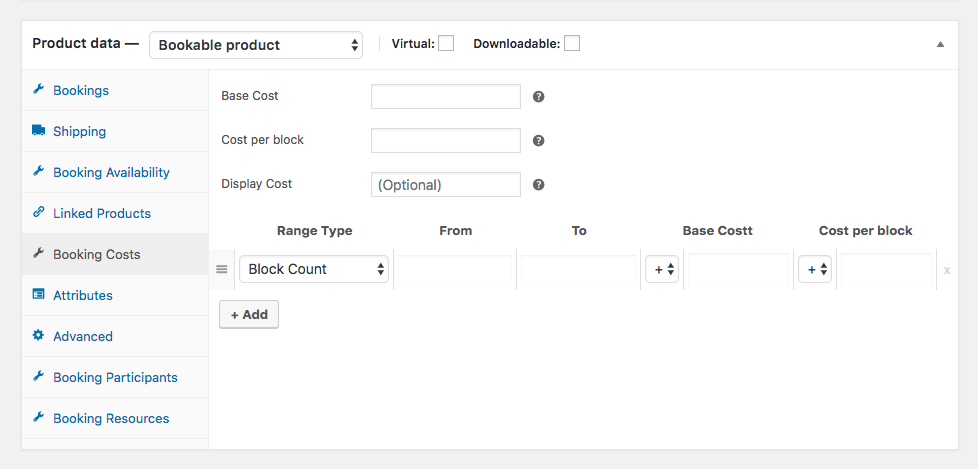 WooCommerce Bookings costs setting up page