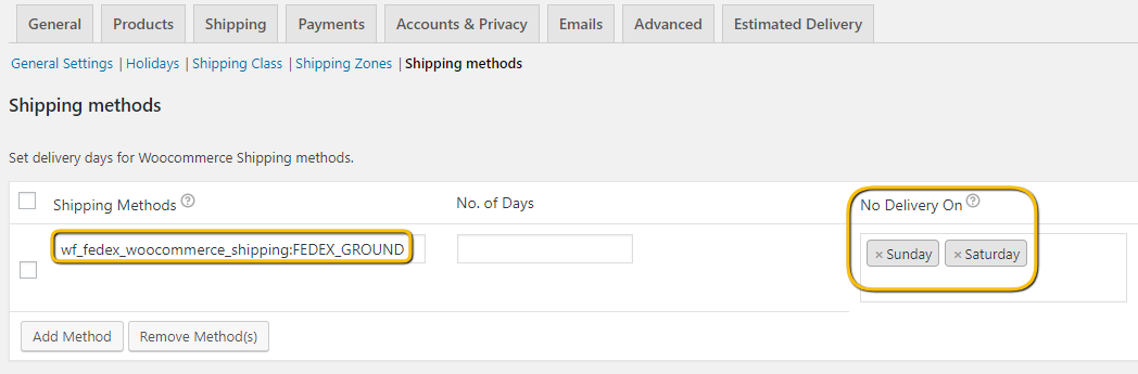 Setting up non-delivery days for a shipping method
