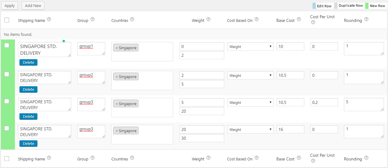 Singapore Post Shipping Rates configured using WooCommerce Table Rate plugin