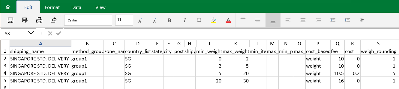 Singapore Post Shipping Rules in a CSV file generated by the plugin