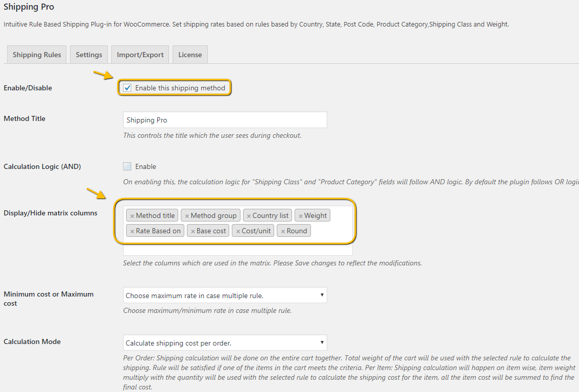 Table Rate Shipping plugin's Matrix Columns