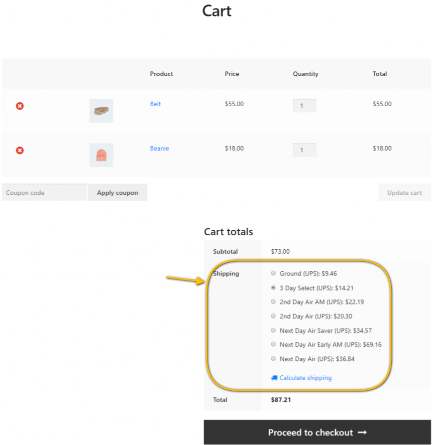 UPS Shipping Methods with Real-Time Rates on the WooCommerce Cart Page