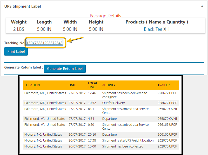 UPS Tracking ID generated by the plugin