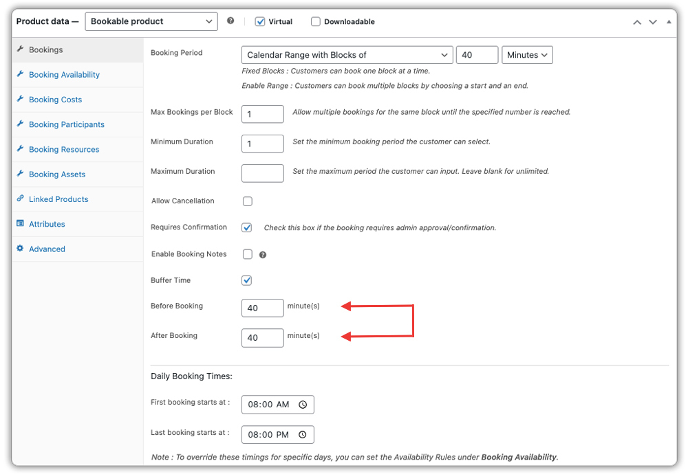 buffer before and after woo booking