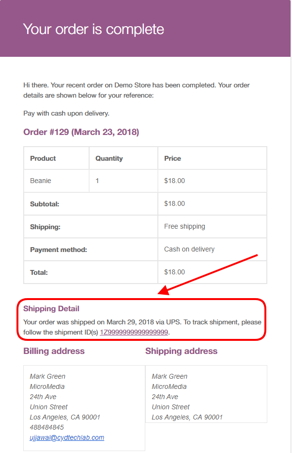 Order Completion Email with tracking details