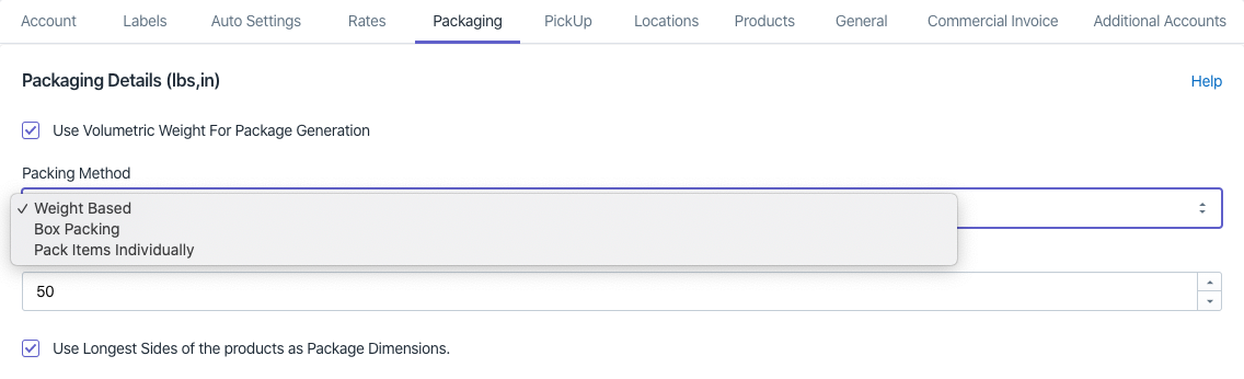 Shopify FedEx Packaging settings