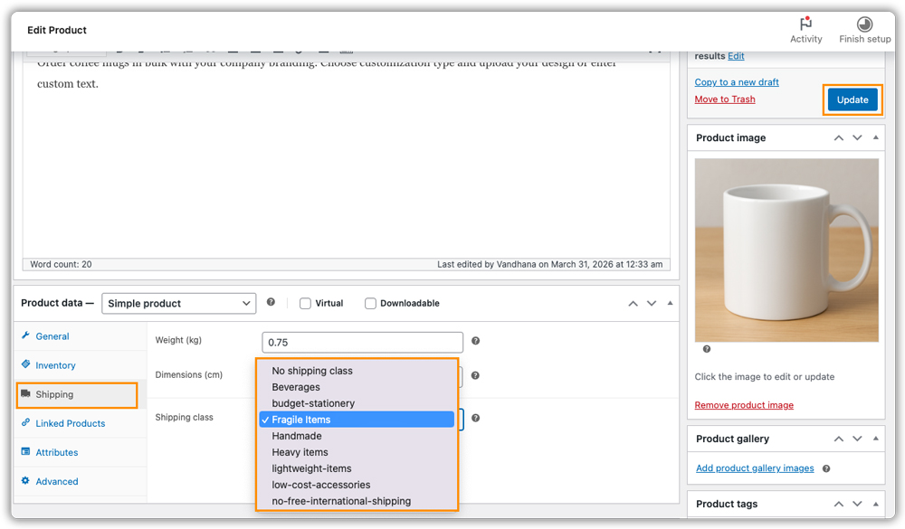 assigning shipping class in woocommerce product