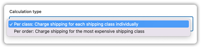 woocommerce shipping class calculation type