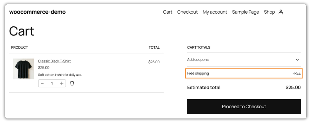 woocommerce cart page showing free shipping applied to order