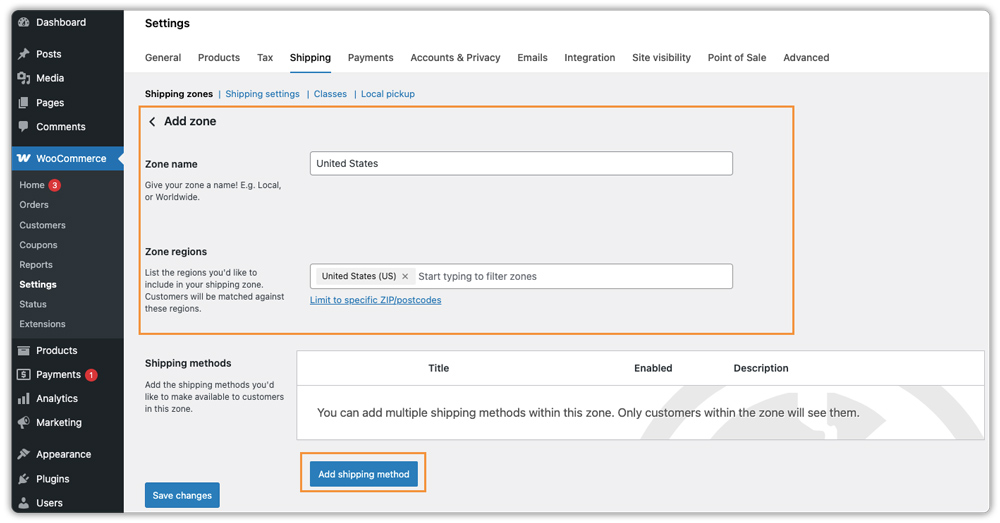 woocommerce shipping zones page with option to add new zone