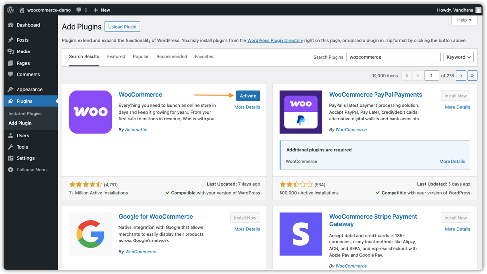 activate woocommerce plugin