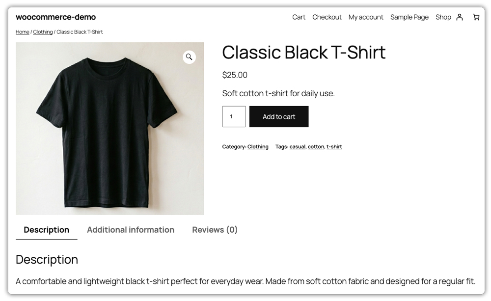 woocommerce product page showing item details and add to cart button