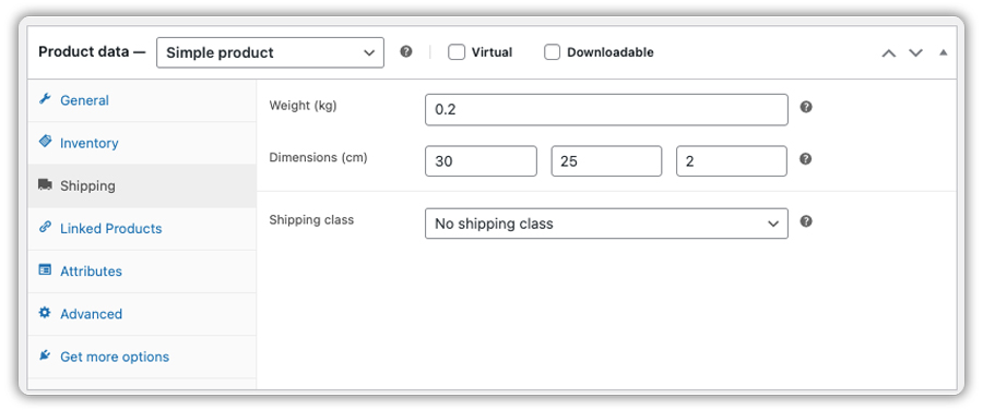 woocommerce product shipping settings with weight and dimensions
