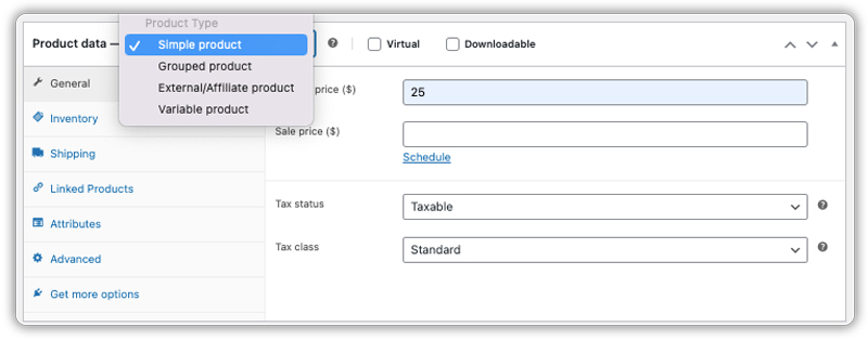select product type dropdown in woocommerce product settings
