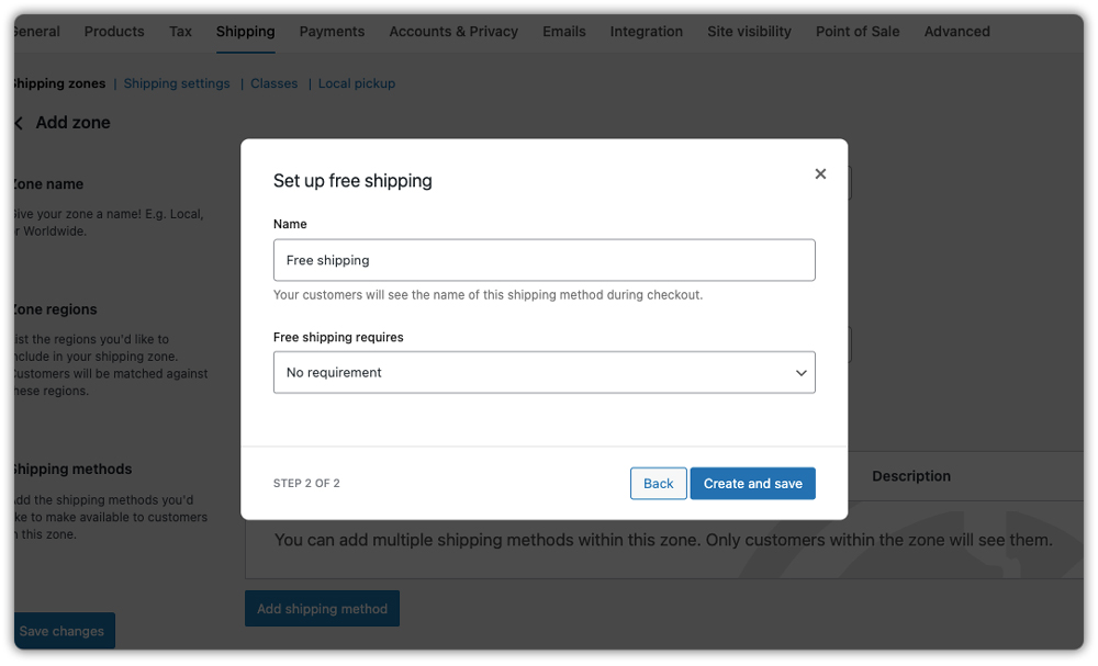 woocommerce free shipping settings popup with configuration options