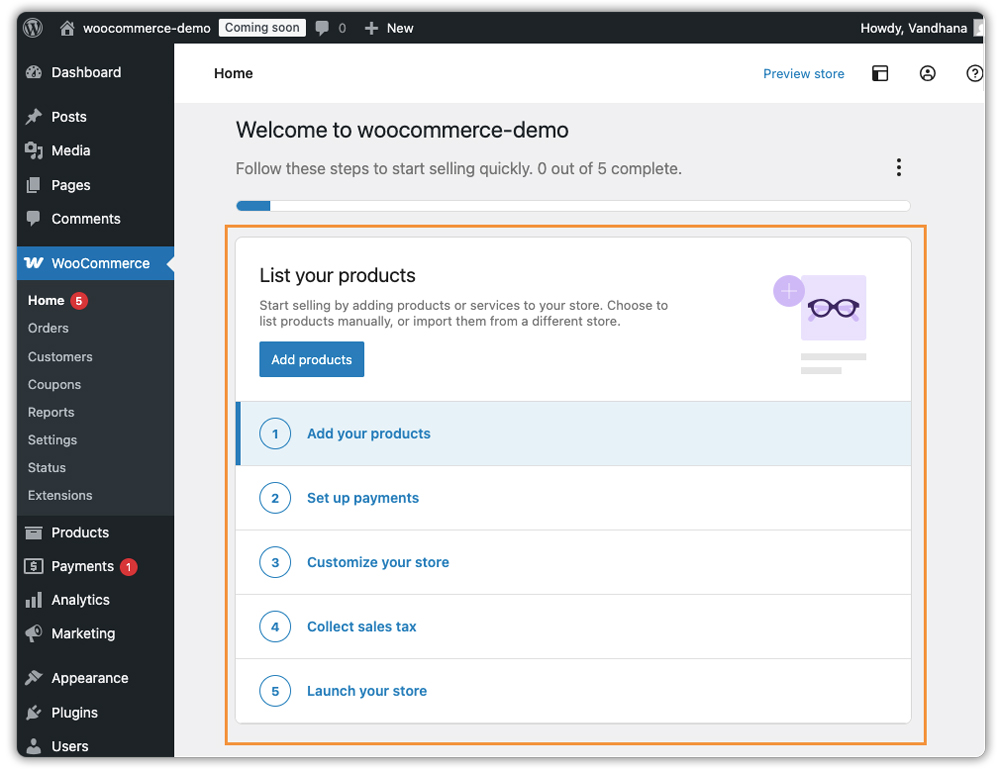 woocommerce dashboard showing store setup checklist steps