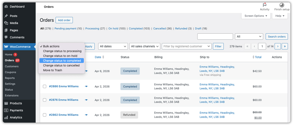 woocommerce orders page with list of customer orders
