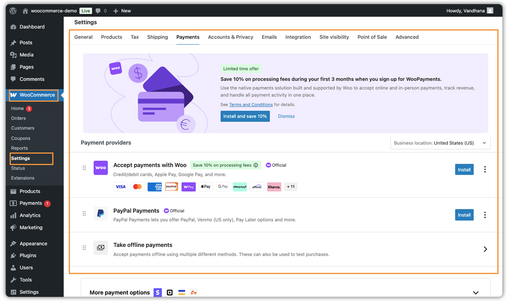 woocommerce payments settings showing available payment providers