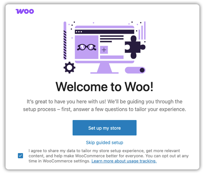 woocommerce setup welcome screen with setup button