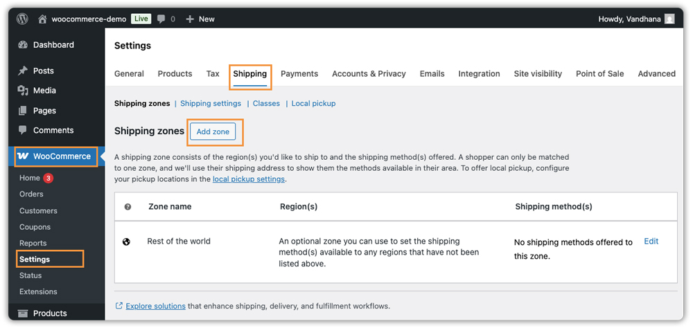woocommerce shipping zones page with option to add new zone