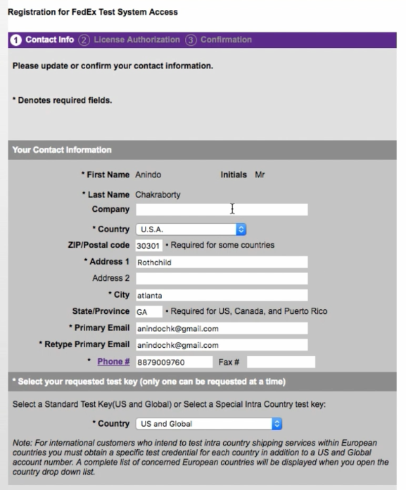 FedEx Test Key Form