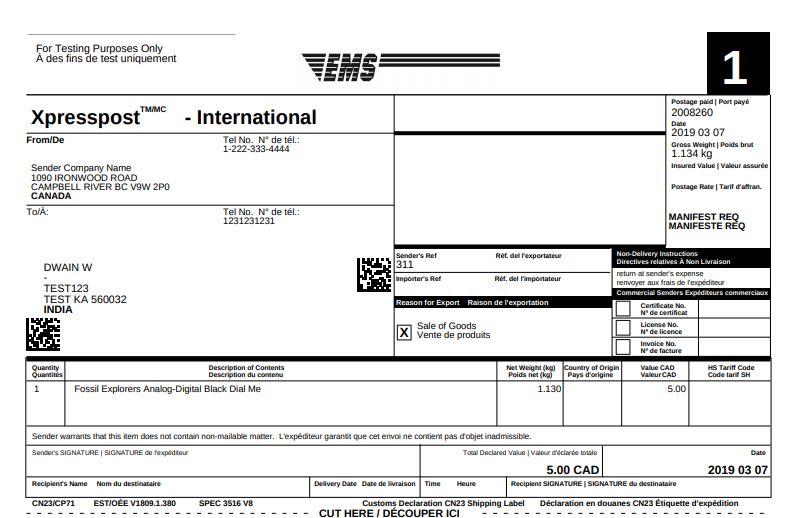 sample shipping label