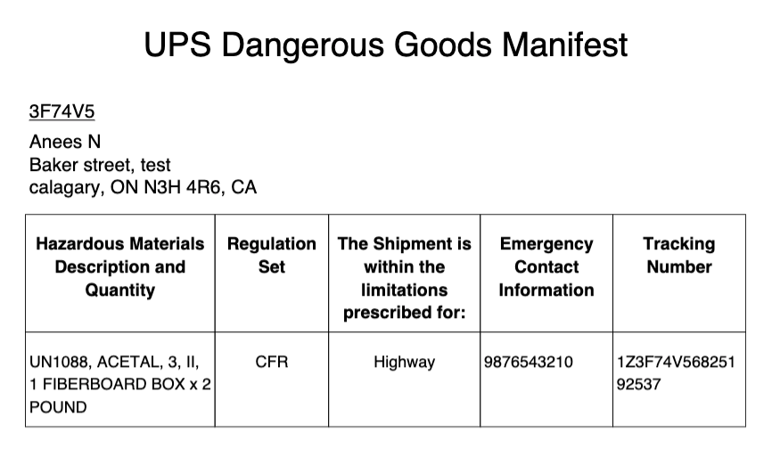 ups dangerous goods manifest