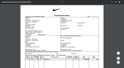 Commercial invoice for Shopify international services