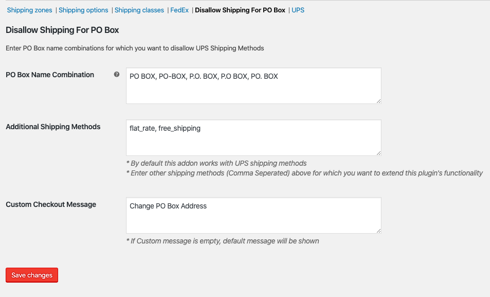 disallow ups and free flat rate shipping for po box address