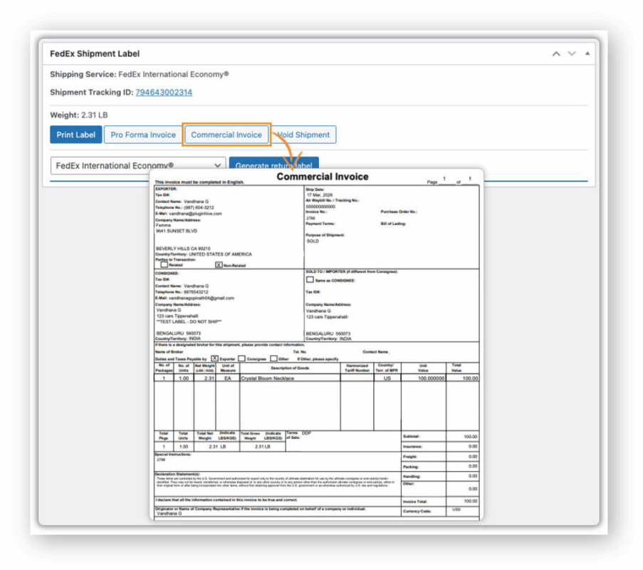 fedex commercial invoice generated