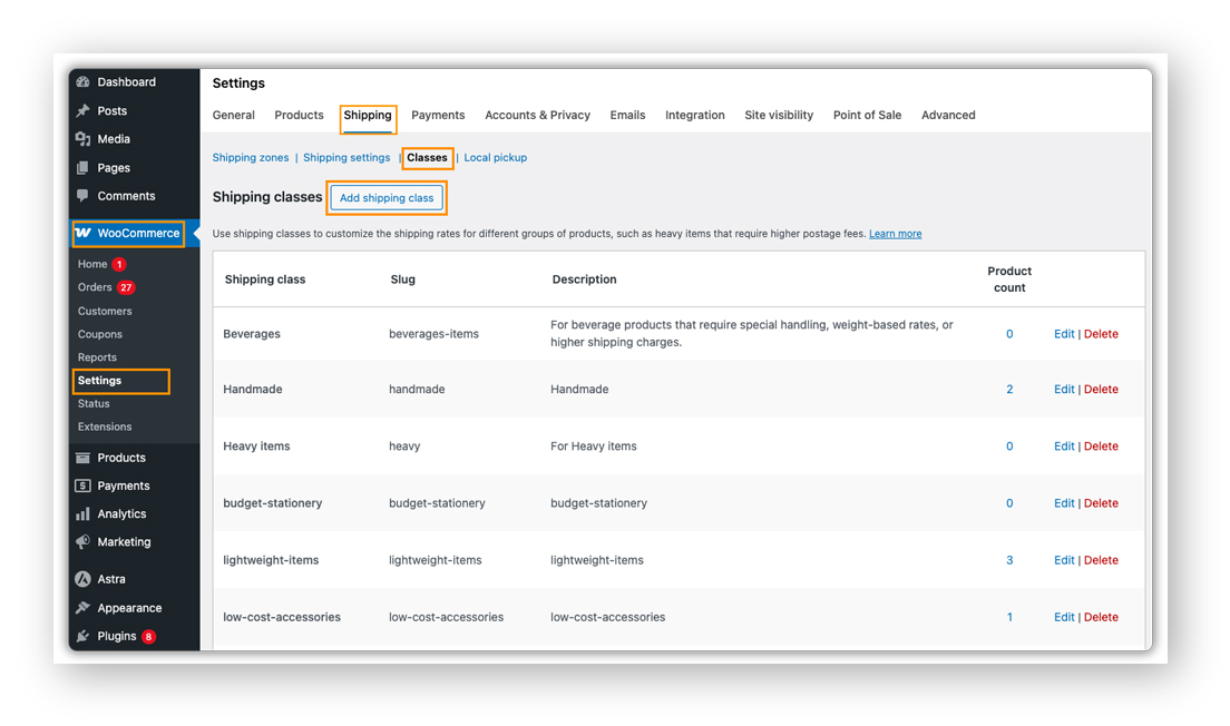 woocommerce shipping classes list