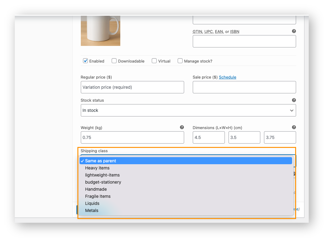 variation shipping class dropdown