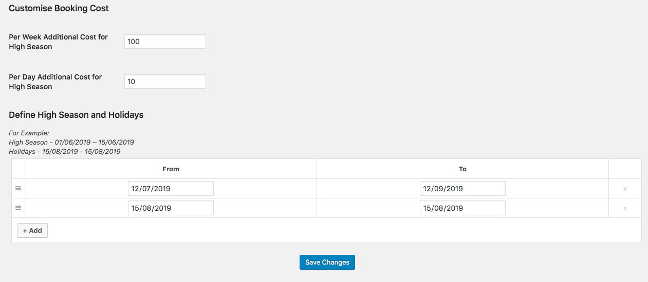 Customize booking cost settings