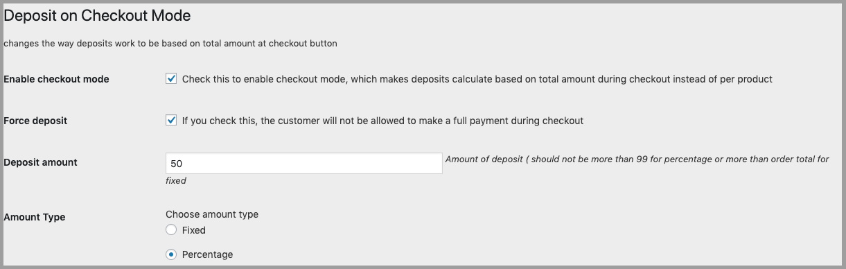 Deposit on checkout options