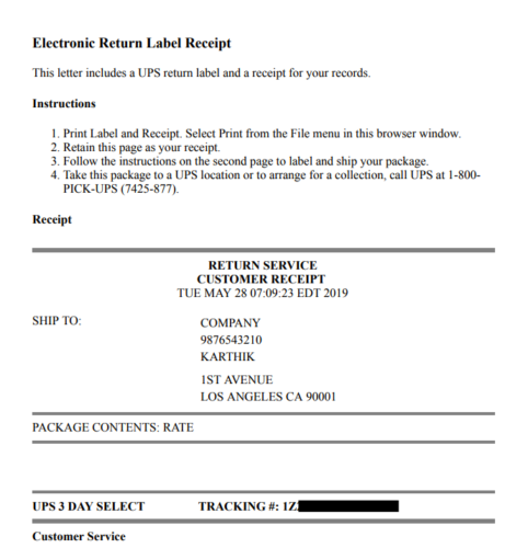 Return Label Receipt mrn