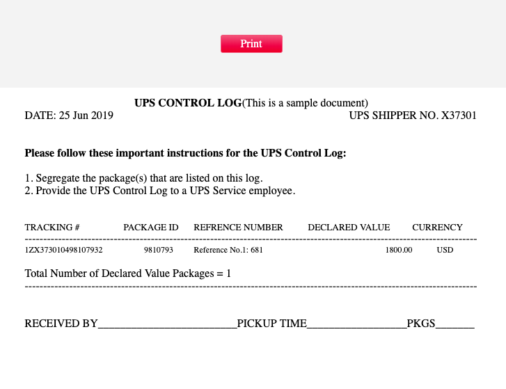 ups control log receipt