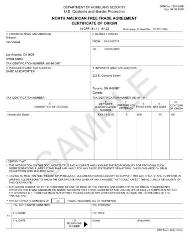 NAFTA Certificate of Origin