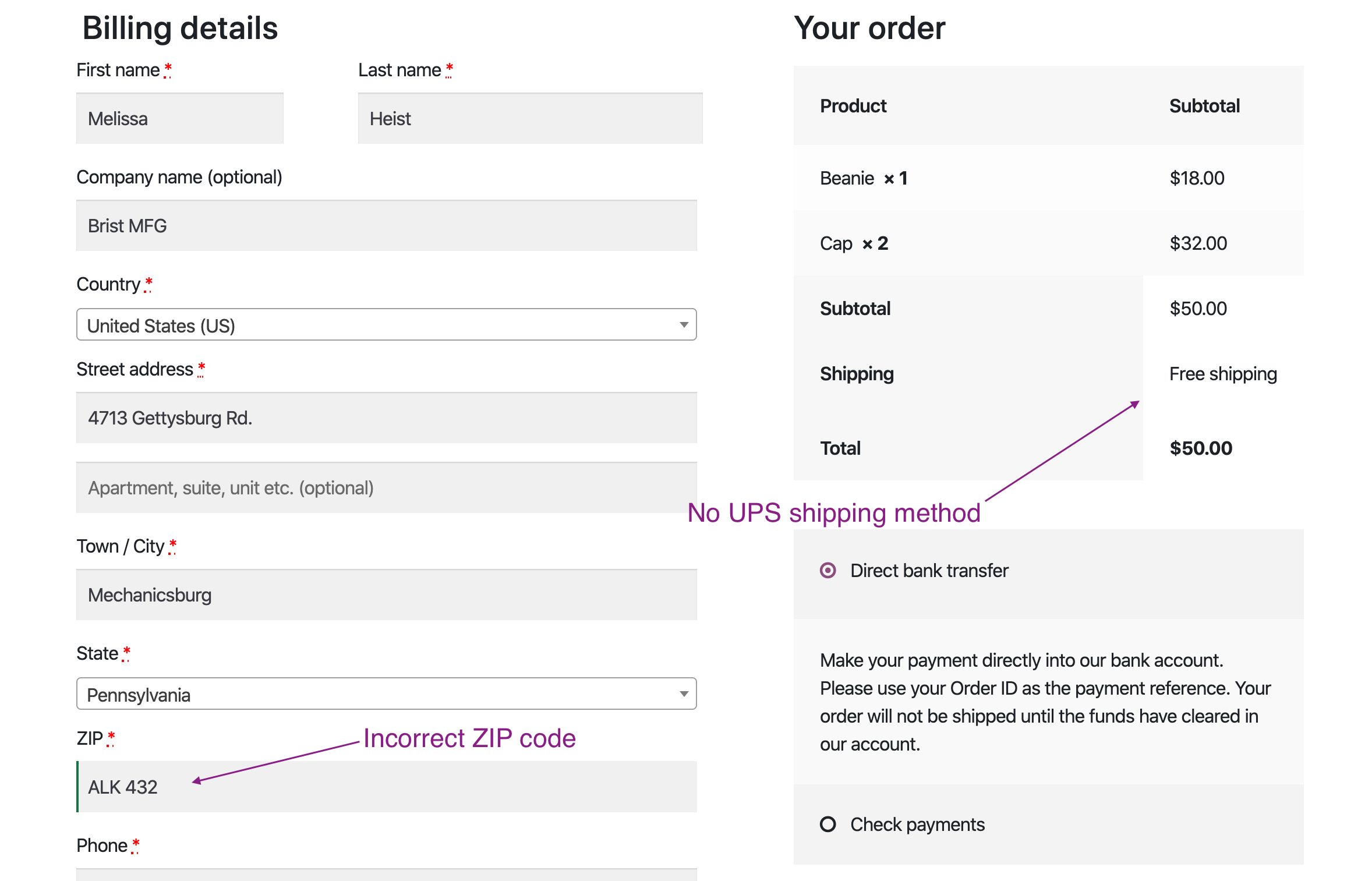 no woocommerce shipping method with incorrect zip code