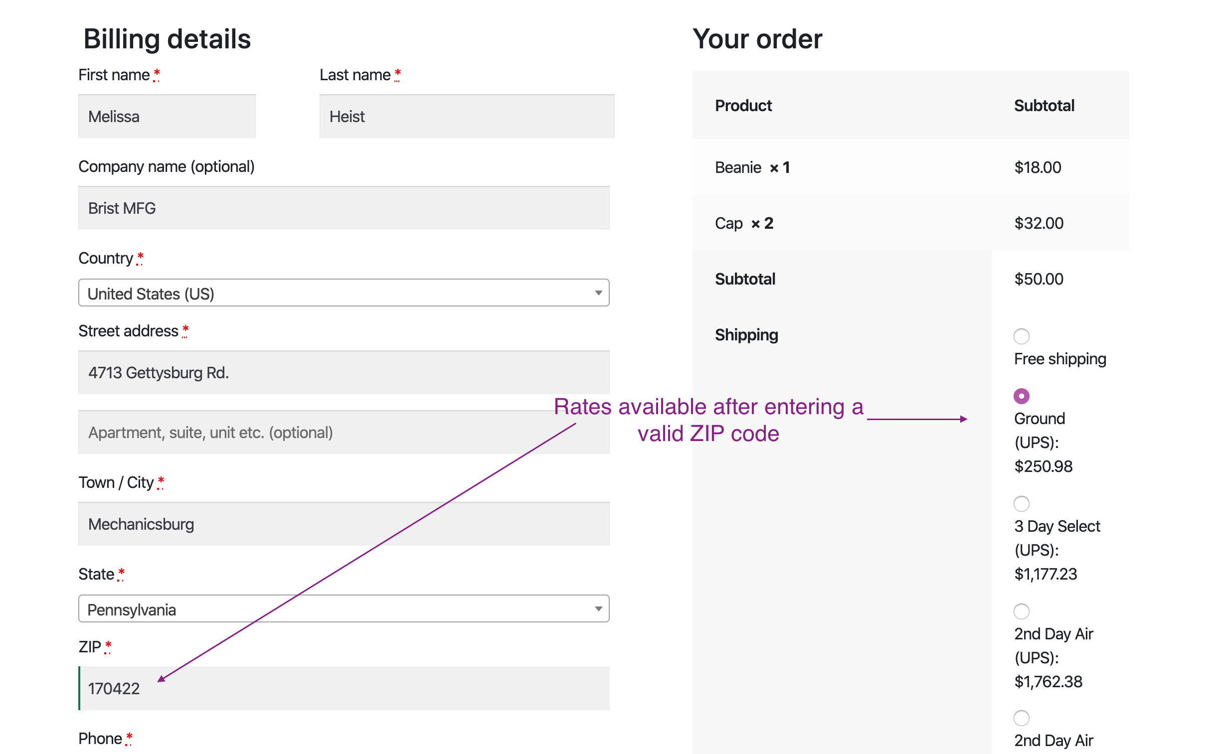 ups shipping rates after a valid zip code