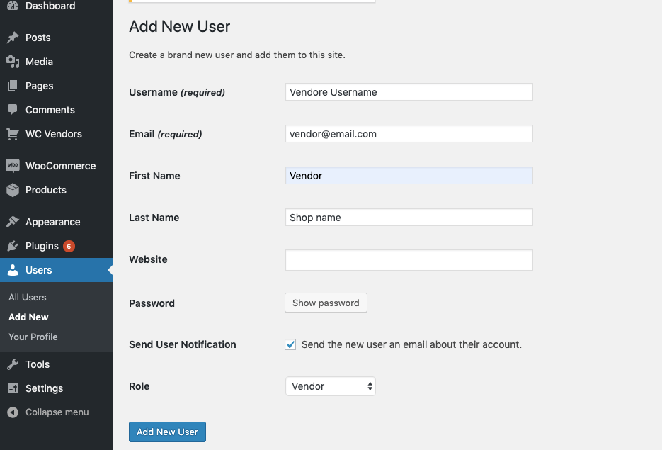 adding vendors from the WordPress backend