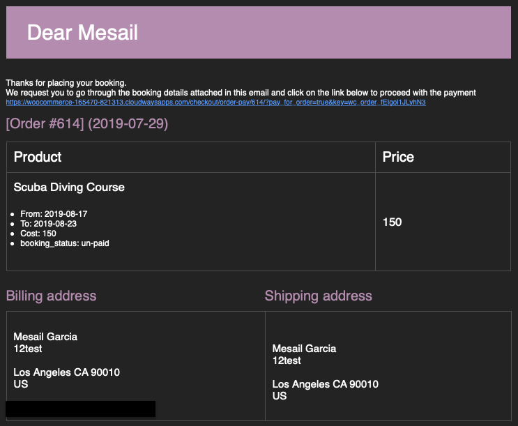manual woocommerce booking email with payment link