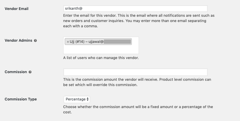 vendor settings and admin selection