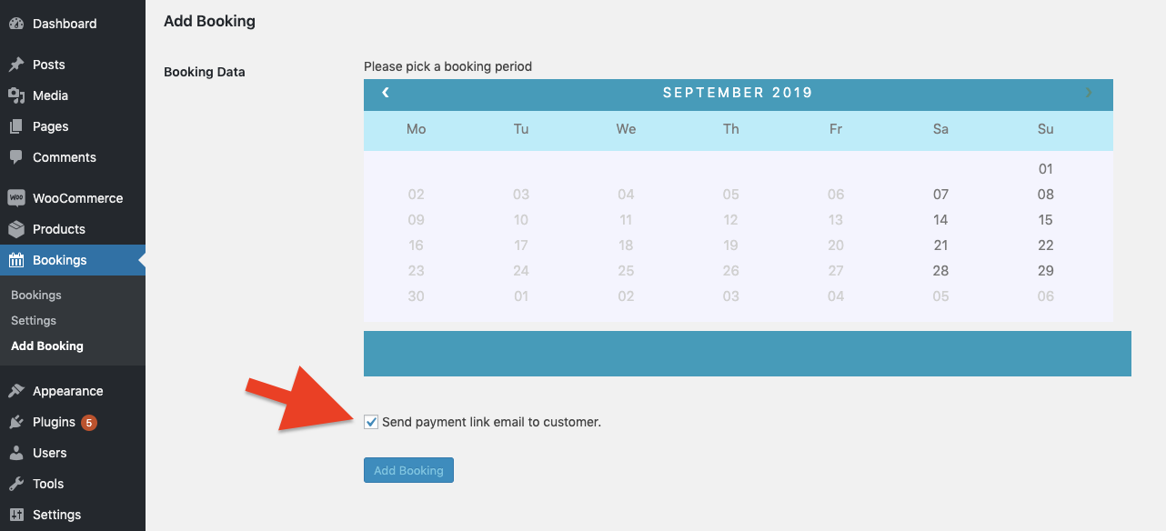 woocommerce payment link email option for manual booking