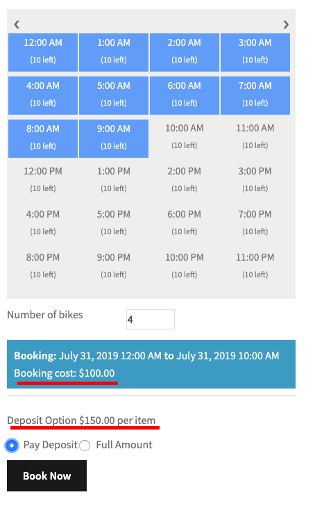 woocommerce bookings deposit on the calendar