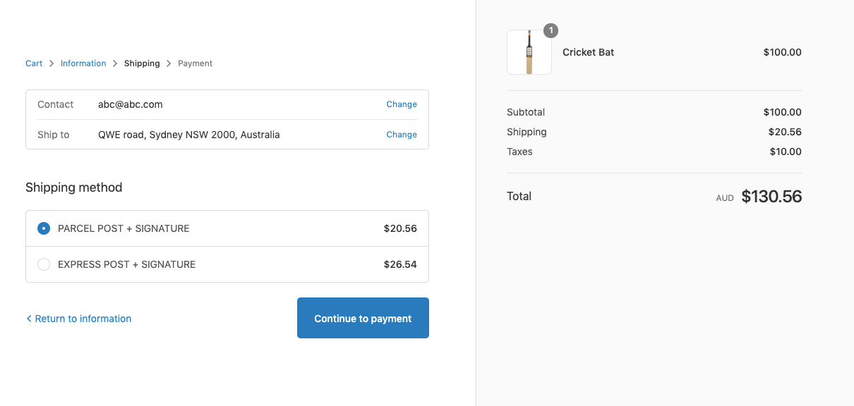 Australia Post real-time domestic shipping rates displayed on checkout