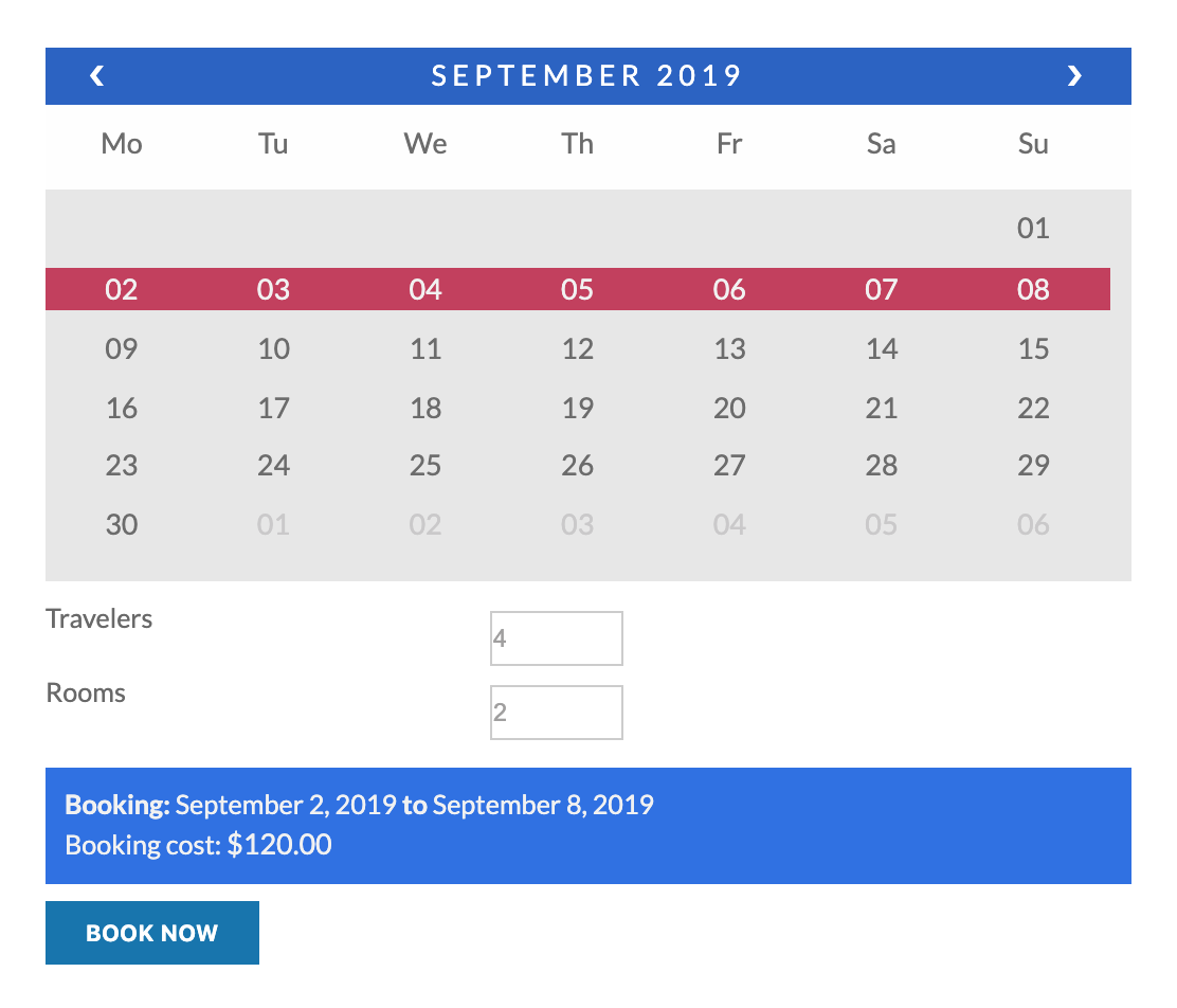 booking calendar with two input fields