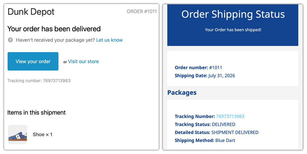 shipping notification in email