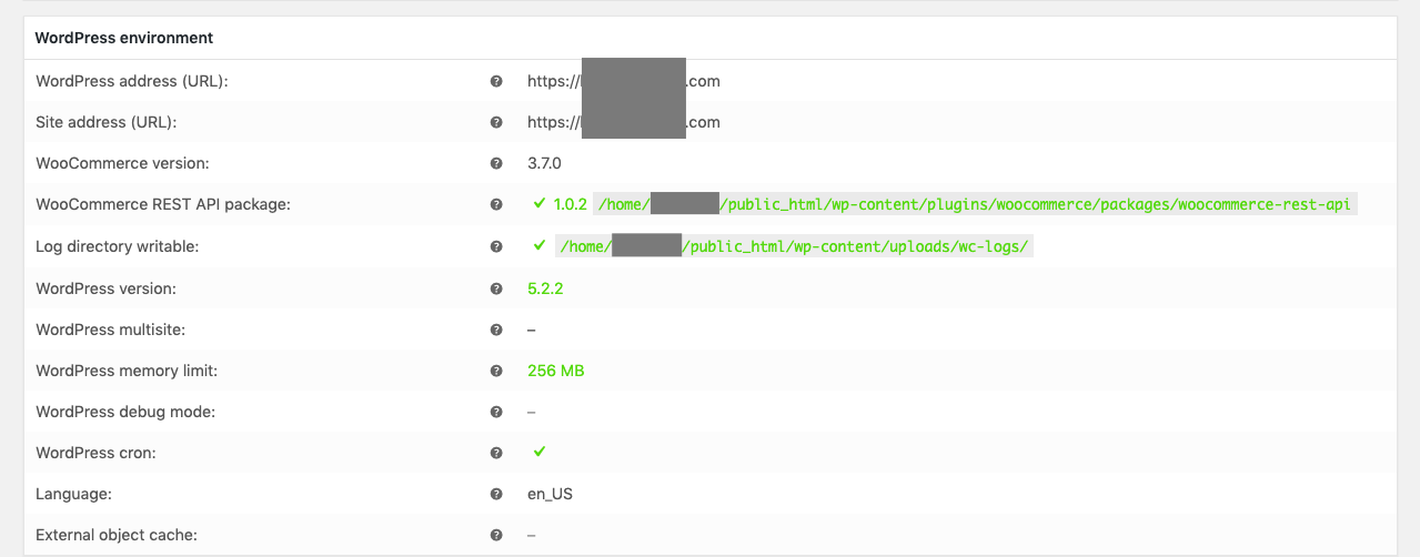 wordpress environment page with wordpress memory limit