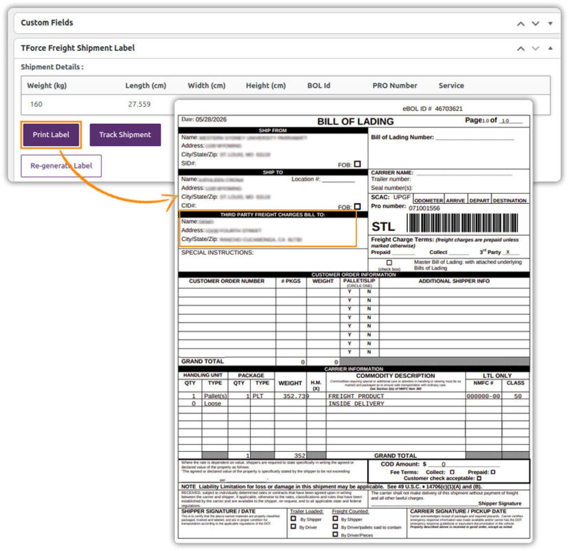tforce bol with third party billing